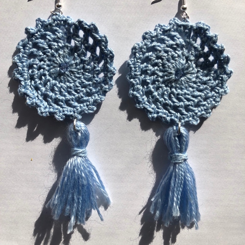 Baby blue doily tassel crotchet earrings